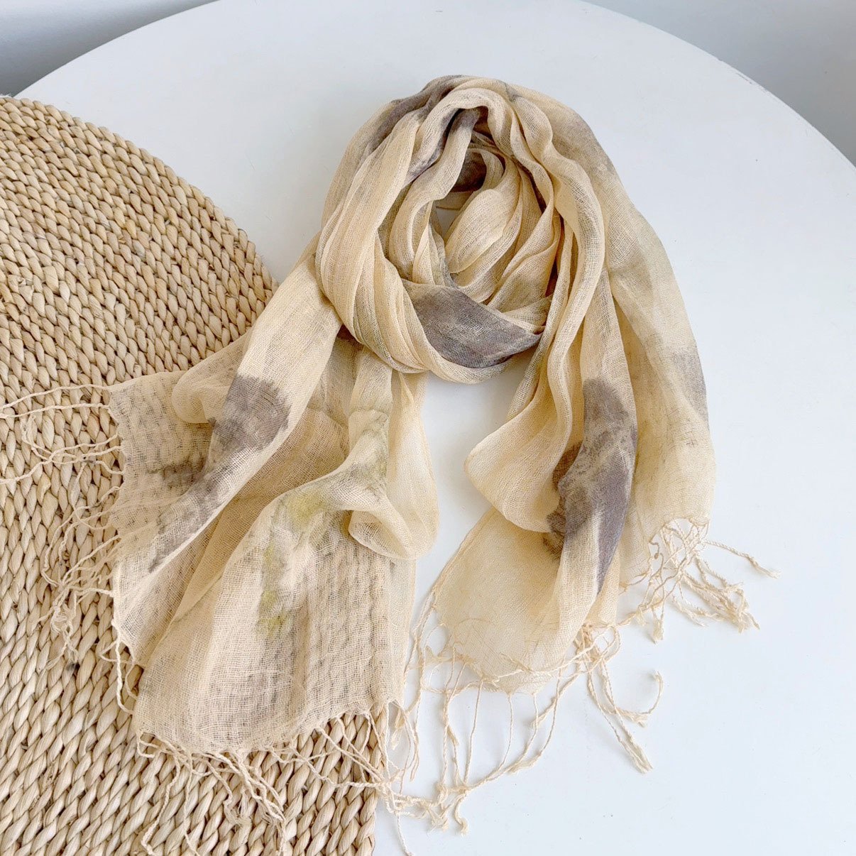 Botanical Whisper: 100% Eco-Printed Artisan Linen-Silk Fringed Scarf - Image 2
