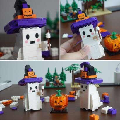A multi-angle photo collage showing cute LEGO-style Halloween building block figures, including white ghosts wearing purple and black witch hats with tiny pumpkins on top, holding small wands beside a transparent orange jack-o'-lantern.