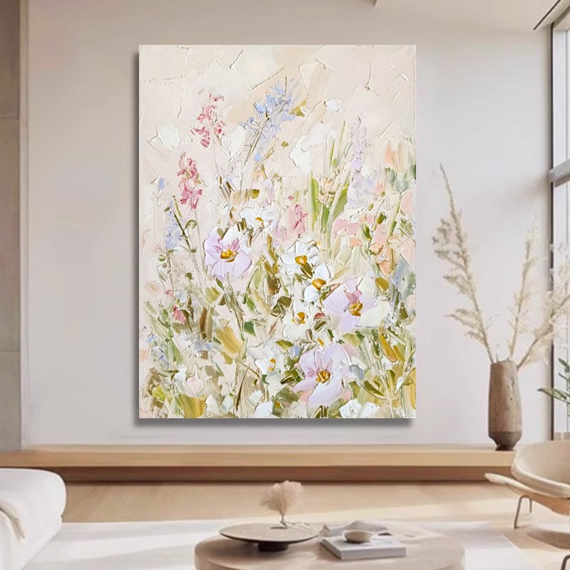 French Country 3D Textured Wildflower Oil Painting – Romantic Creamy Pastel Meadow Impasto Canvas Wall Art - Image 3
