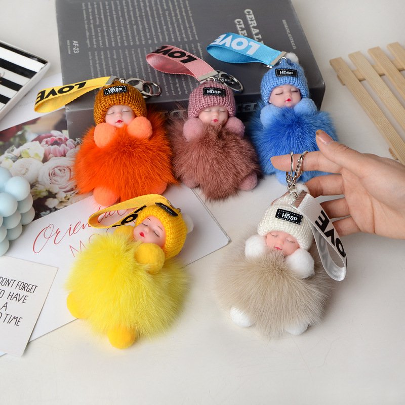 Sleeping Baby Pom-pom Keychain With Knit Hat, Healing Faux Fox Fur Plush Charm, Girly Bag & Car Pendant, Gift For Best Friends - Image 3