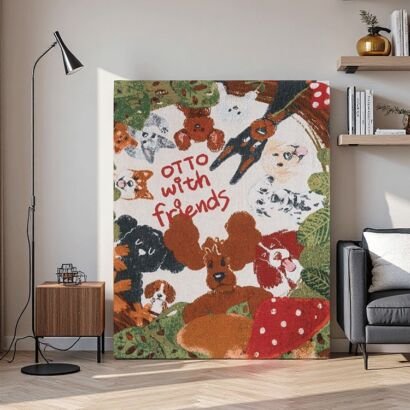 A large vertical canvas art print featuring playful illustrations of various dogs and mushrooms surrounding the red hand-drawn text "OTTO with friends", displayed in a modern living room.