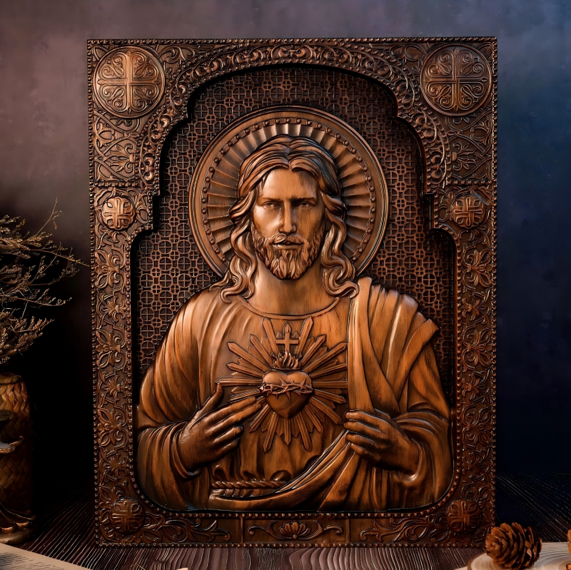 Handcrafted Sacred Heart of Jesus Wooden Relief Icon Plaque - Byzantine Catholic Wall Art - Image 6