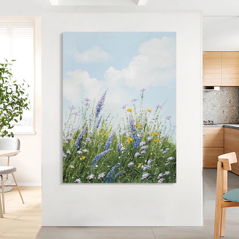 Sky Meadow Lavender Textured Impasto Oil Painting | Vertical Countryside Floral Canvas Wall Ar - Image 3