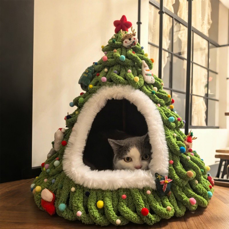 Hand-Woven Christmas Tree Cat Cave Bed - Image 3