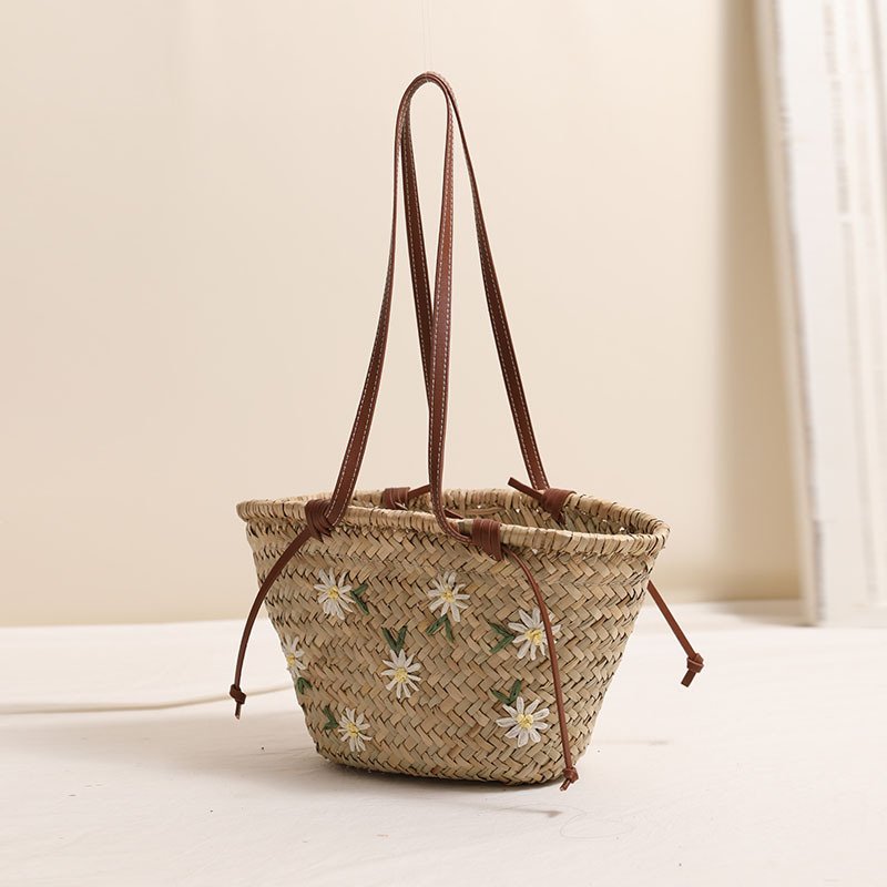 The Meadow Daisy Basket Tote: Embroidered Straw Market Bag - Image 2