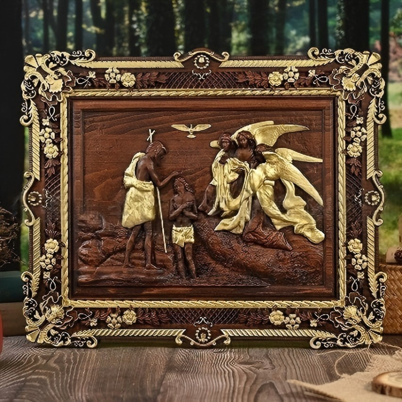 Baptism of Jesus 3D Relief Wooden Icon Baroque Framed Wall Decor - Image 2
