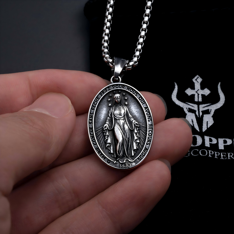 Vintage Miraculous Medal Sterling Silver Necklace, Catholic Religious Protection Jewelry - Image 2