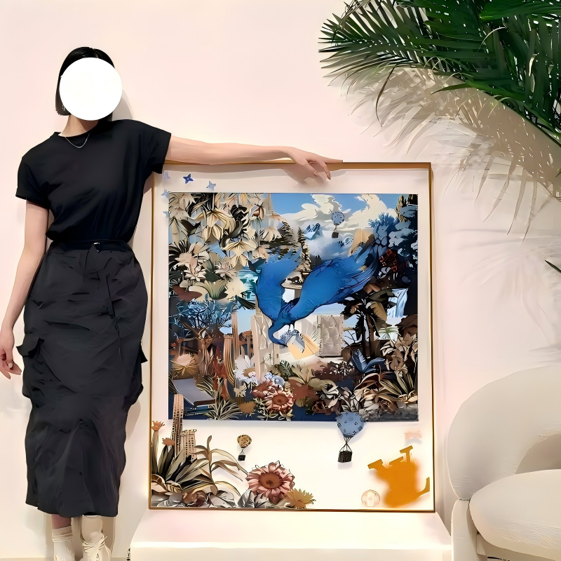 Surreal Botanical Silk Scarf Framed Wall Art, 3D Acrylic Shadow Box Luxury Wall Decor - Image 2