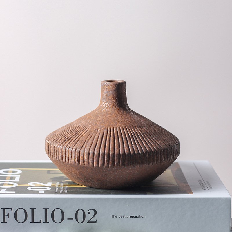 Primitive Fluted Rust Ceramic Bud Vase | Wabi-Sabi Squat Terracotta Stoneware Vessel - Image 3