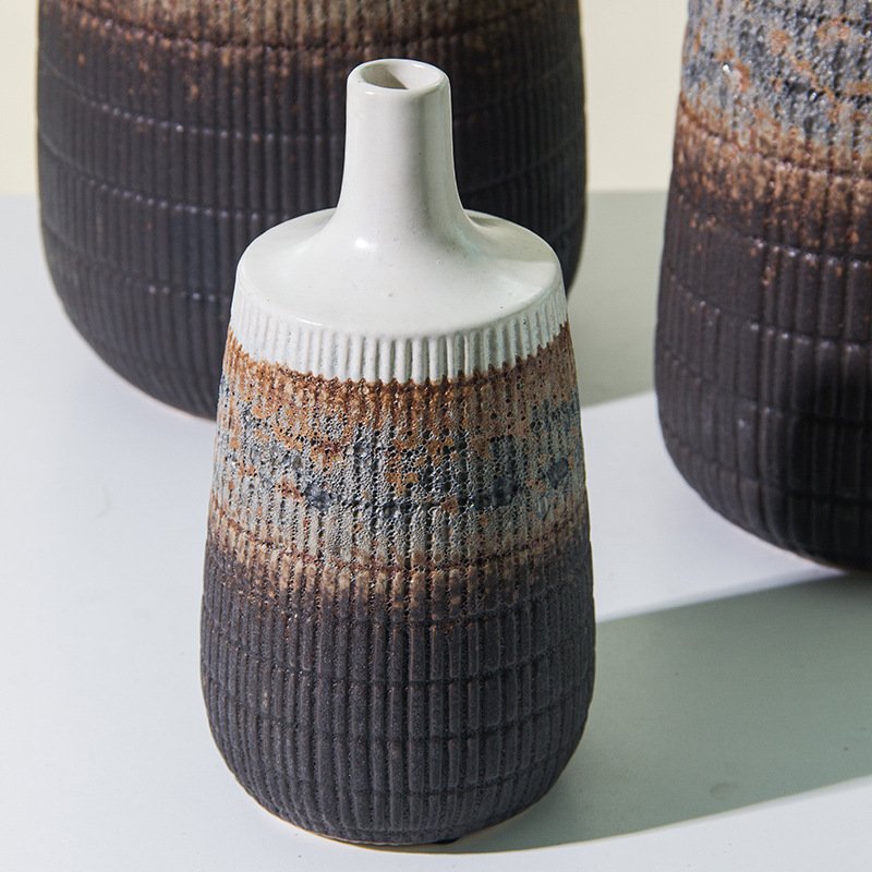 Tri-Tone Reactive Glaze Ribbed Ceramic Vase Set - Image 3