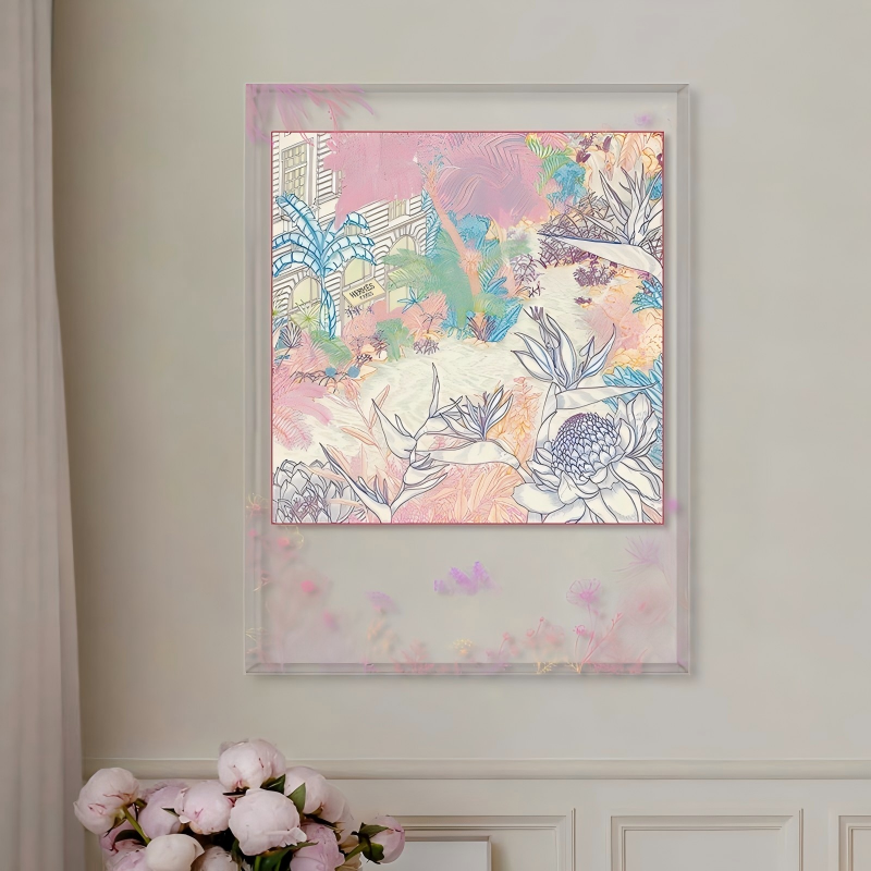 French Manor Botanical Silk Scarf Wall Art, Frosted Acrylic Shadow Box Luxury Decor - Image 2