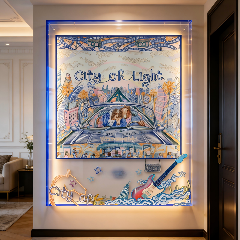 City of Light Retro Pop Silk Scarf Wall Art, 3D Acrylic Shadow Box Rock & Roll Decor - Image 2
