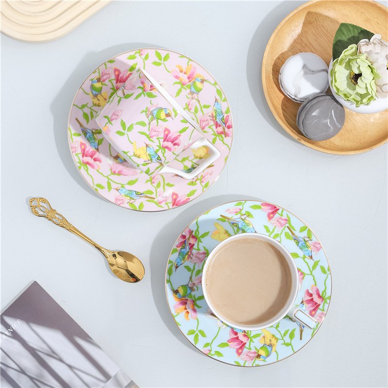 Chinoiserie Pastoral Floral Bone China Teacup & Saucer Set - Image 3