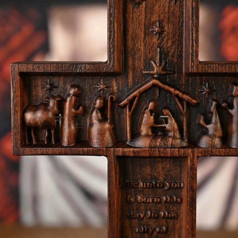 Handcrafted Nativity Wooden Cross Holy Family Christmas Wall & Tabletop Decor - Image 2