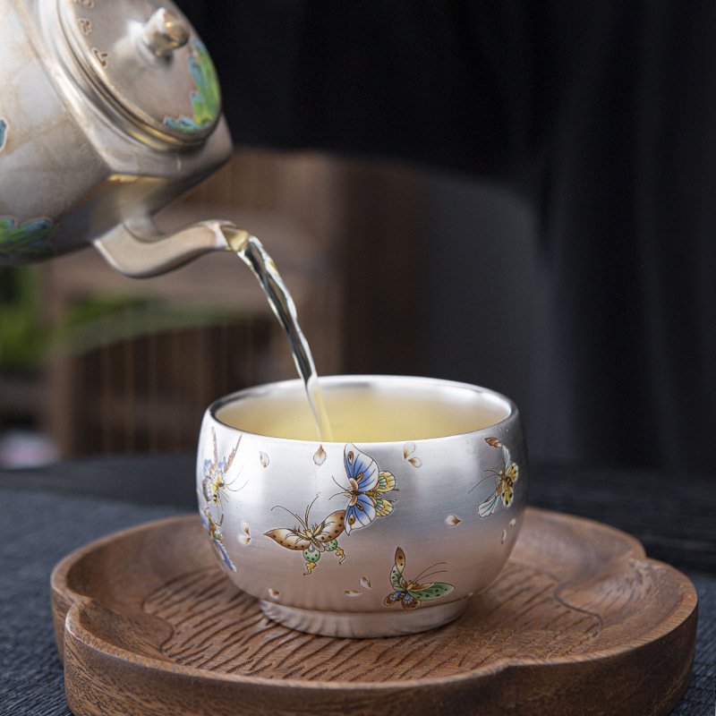 Imperial Silver-Glazed Butterfly Ceramic Tasting Cup - Image 4