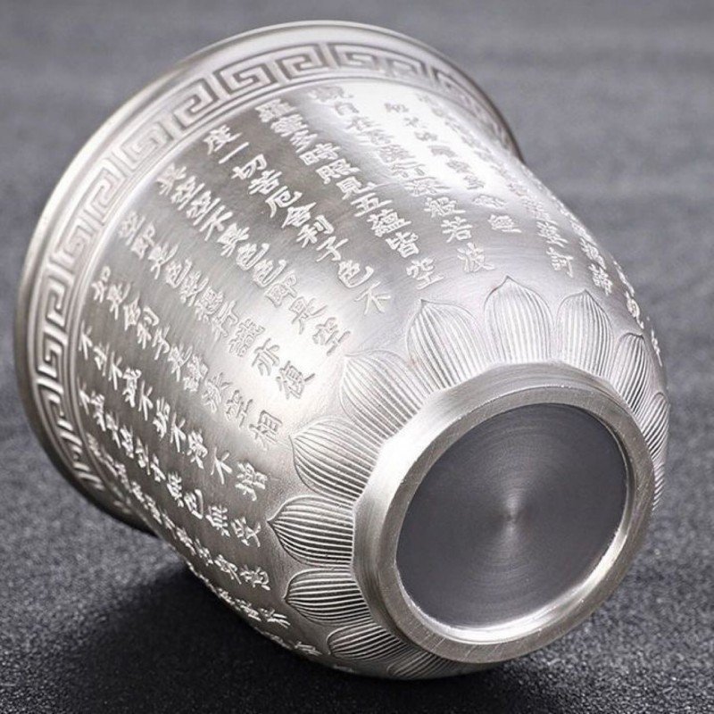 Sacred Heart Sutra Embossed Sterling Silver Tea Cup - Image 4
