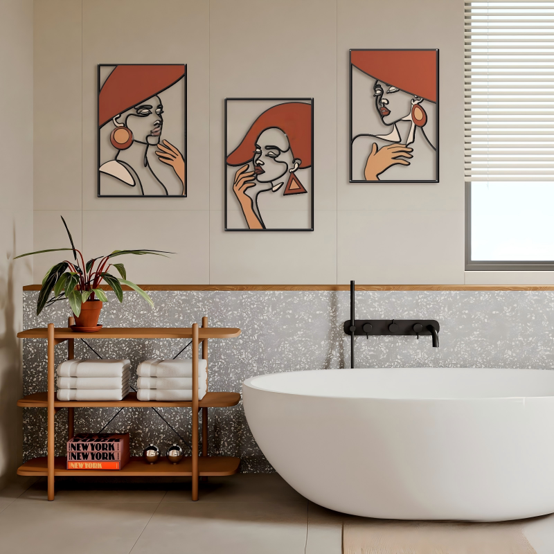 Minimalist Terracotta and Metal Wire Portrait Silhouette Wall Art Triptych Set - Image 5