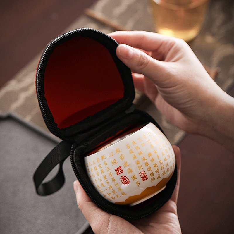 Premium Silver-Lined Calligraphy Teacup | Golden Heart Sutra & Portable Zen Case - Image 4