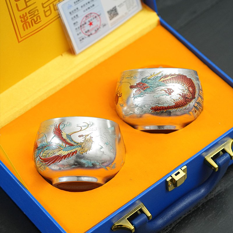 Premium Pure Silver Dragon & Phoenix Teacup Set | Luxury Presentation Box - Image 4
