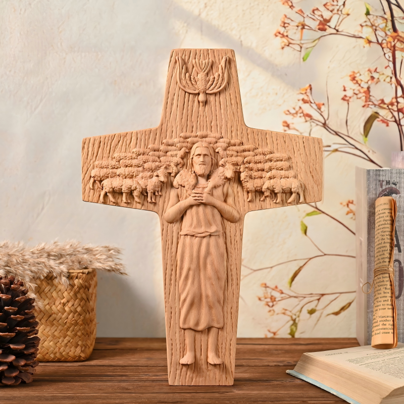 Good Shepherd Jesus Faux Wood Carved Cross Christian Altar Religious Decor Gift - Image 5