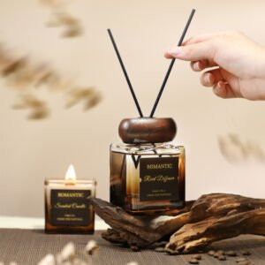 ROMANTIC Wooden Cap Square Glass Reed Diffuser & Scented Candle Set, Flameless Home Fragrance Gift Kit