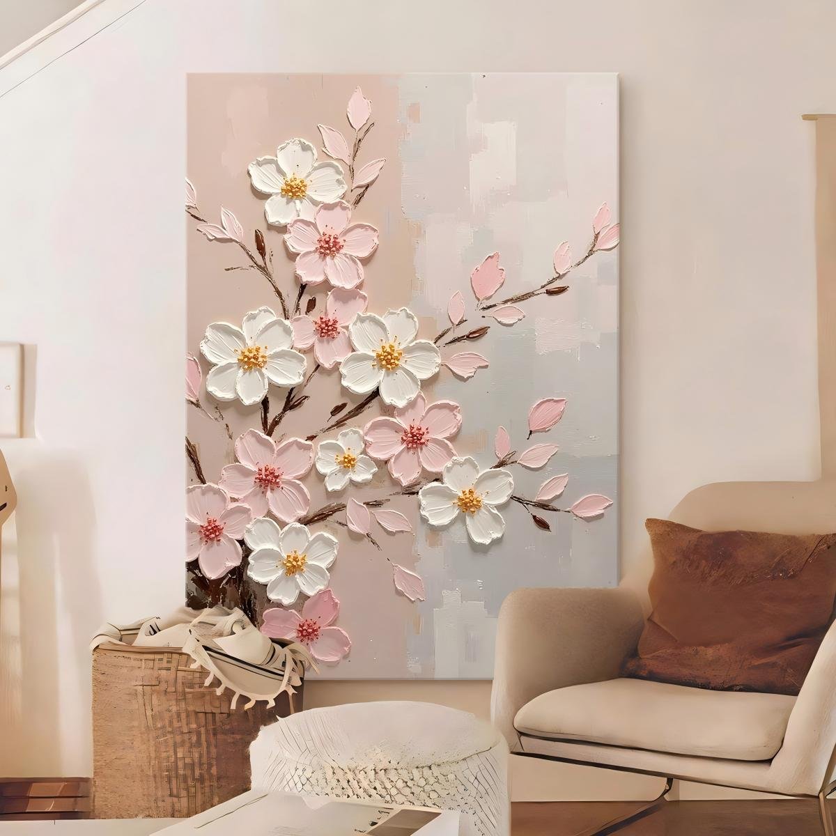 Direct-from-factory acrylic textured hand-painted oil painting featuring abstract 3D floral motifs in a "cream style"—ideal for living room or entryway decor. - Image 4
