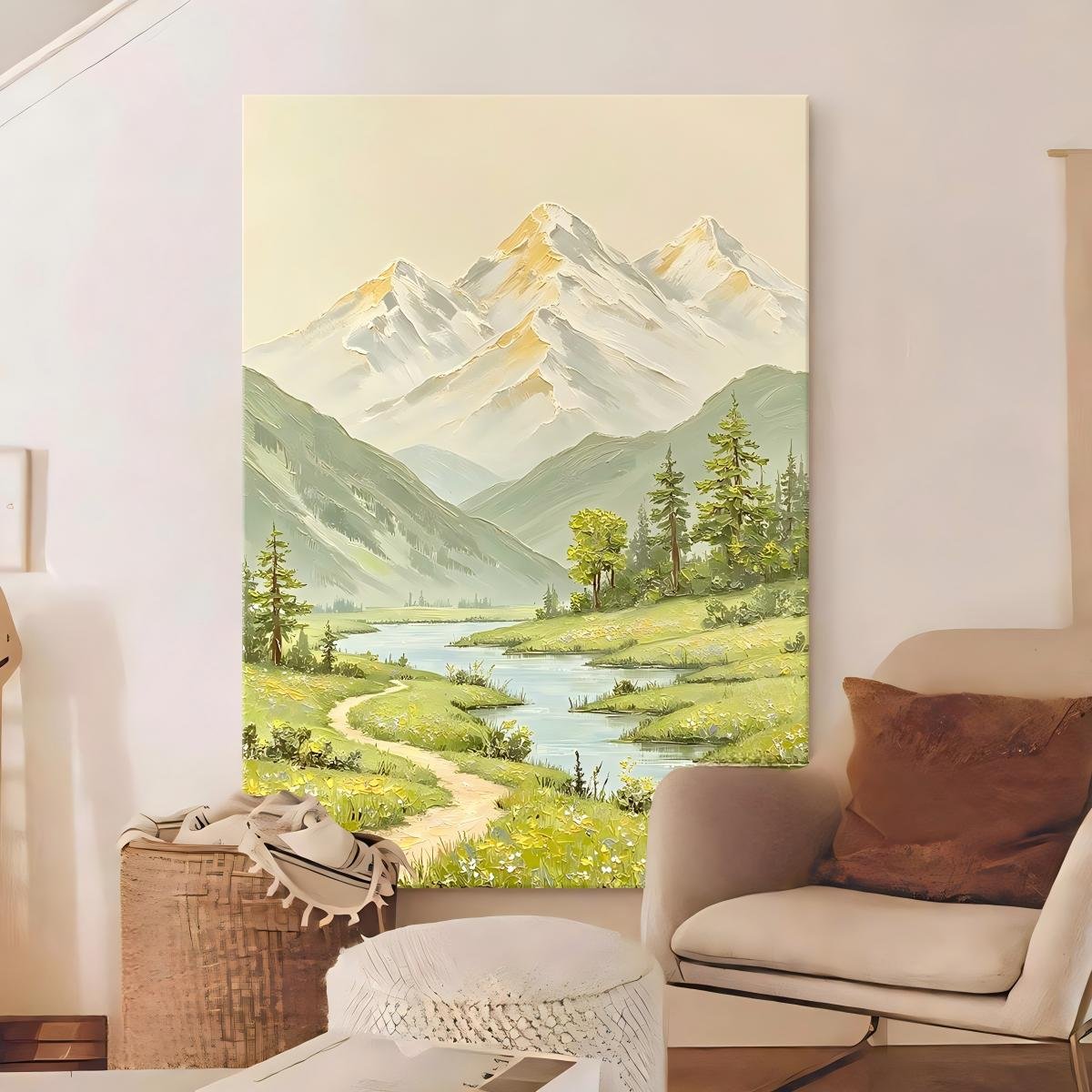 "High Mountains and Flowing Water" Wall Art – Cream-Style Hand-Painted Oil Painting with Gold Mountain Texture; Direct-from-Factory Art for Living Rooms, Entryways, and Hallways. - Image 4