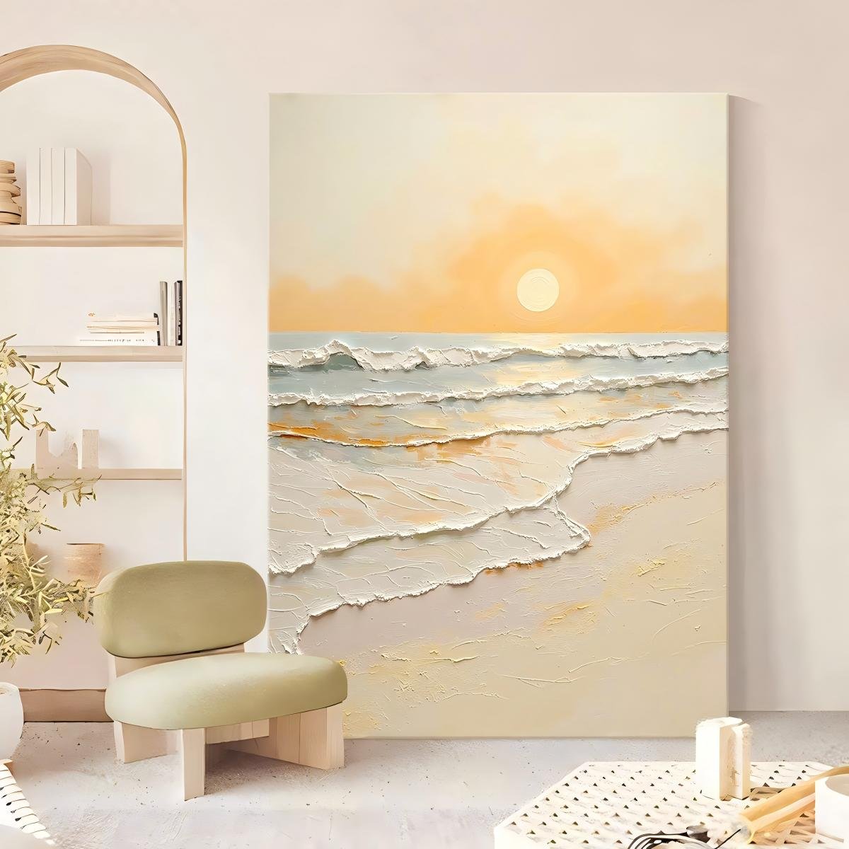 "Cream-style" 3D textured oil painting featuring abstract waves and a sunrise; a hand-painted artwork suitable for living rooms or entryways, available directly from the manufacturer. - Image 4