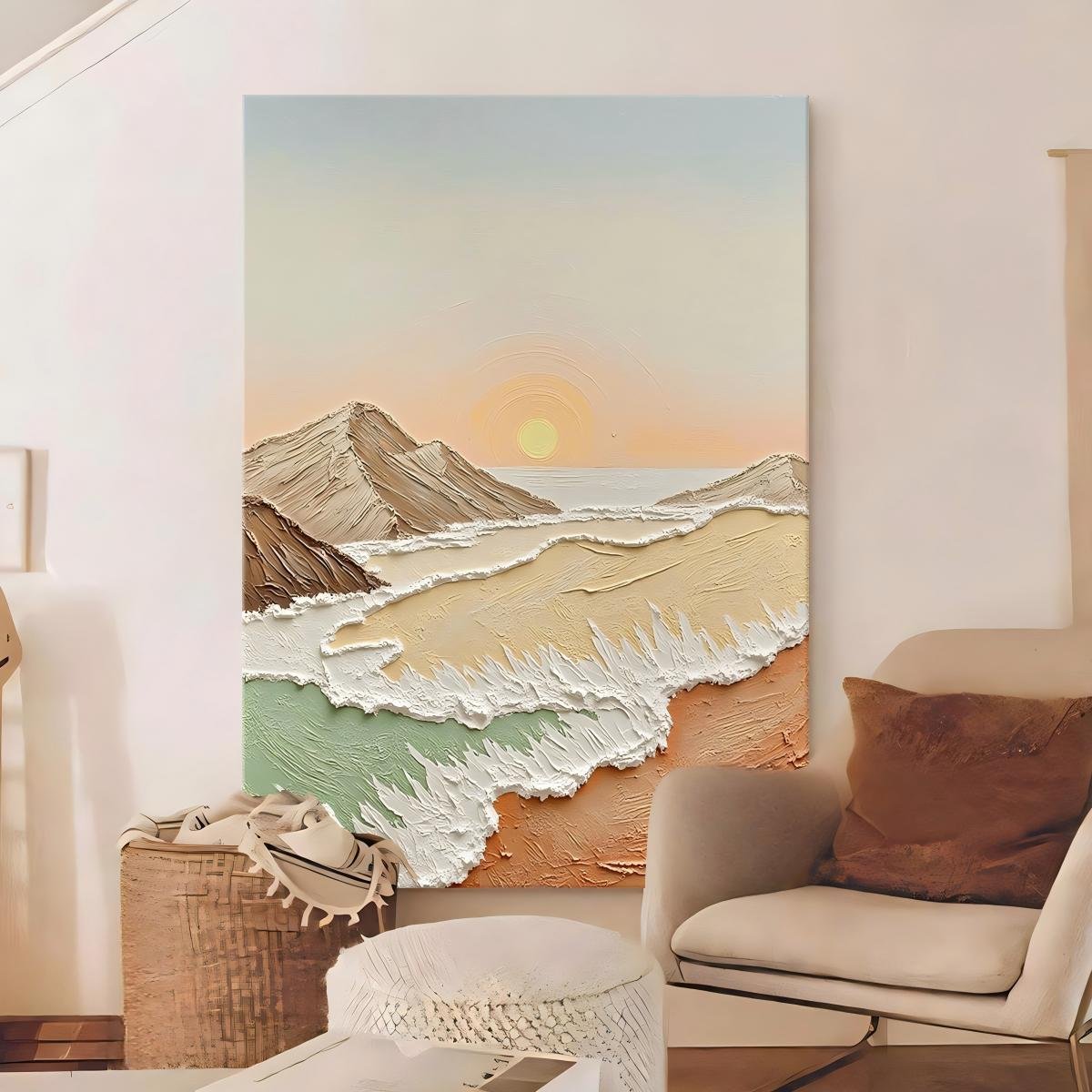 Seaside Sunrise Living Room Wall Art – Cream-Style Abstract Textured Oil Painting (Hand-Painted) – Factory-Direct Landscape Wall Decor - Image 4
