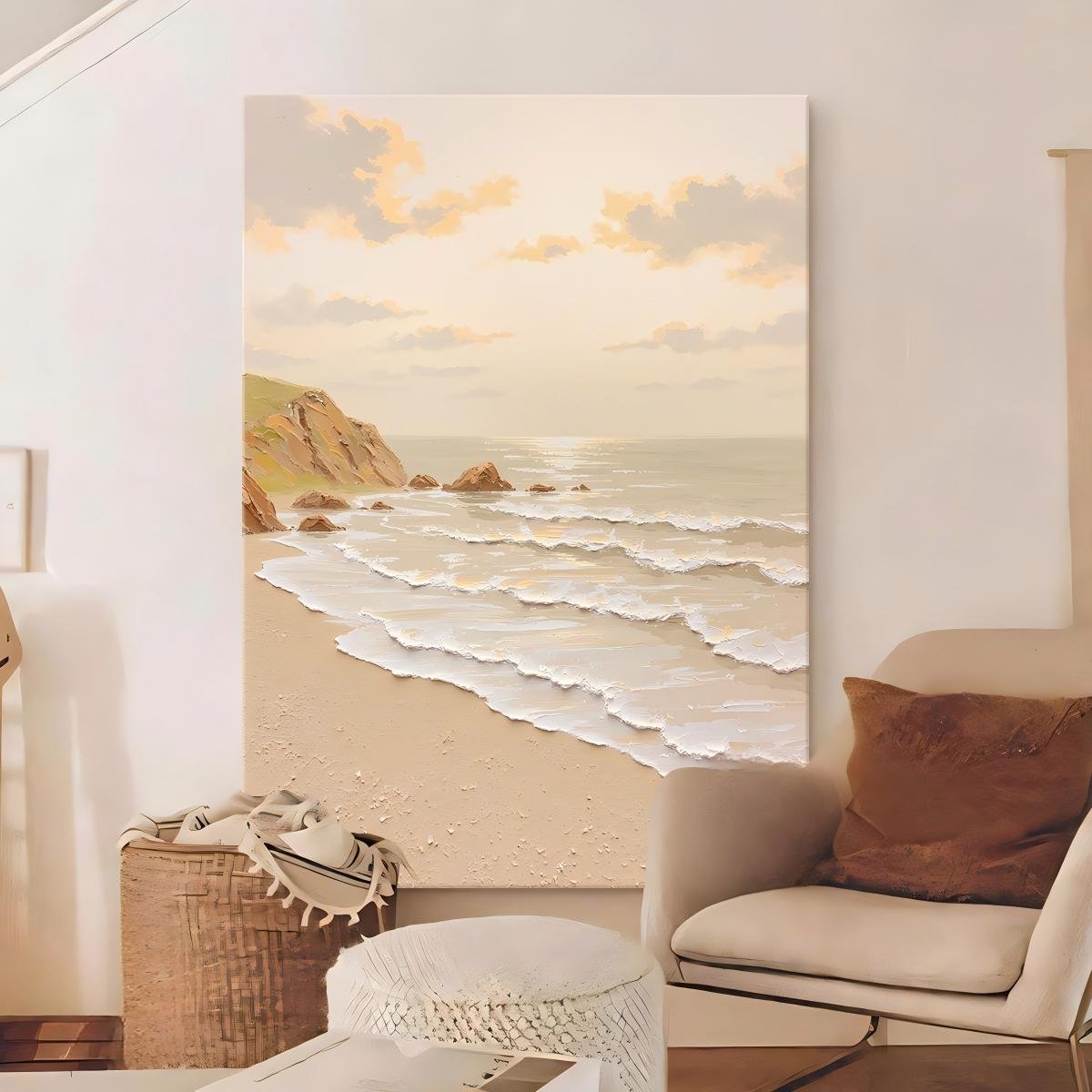 "Cream-style" landscape art for living rooms: abstract hand-painted oil painting with beach-inspired texture; direct-from-factory source; suitable for entryways and hallways. - Image 4