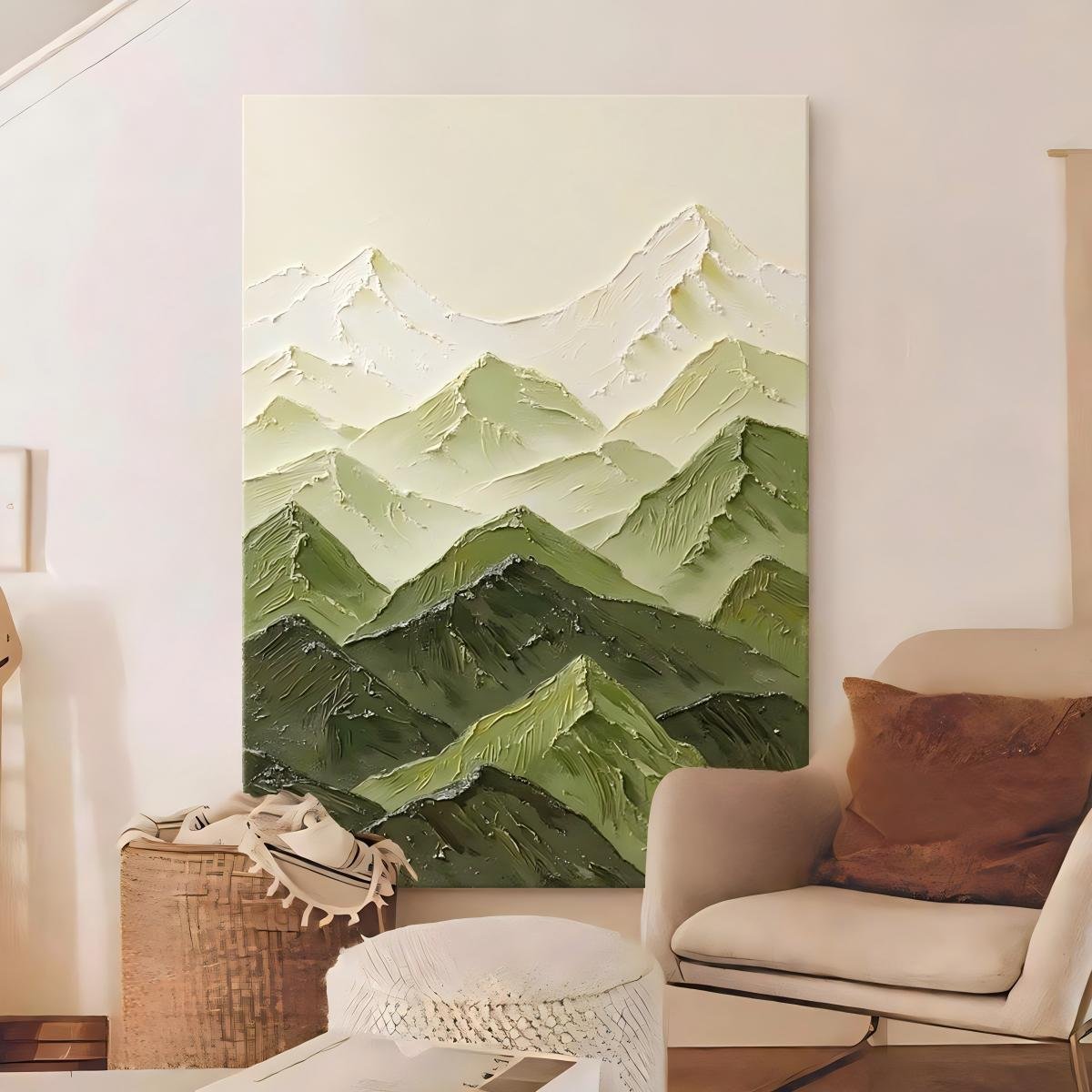 "Cream-style" 3D abstract living room art featuring green mountain peaks; direct-from-factory textured hand-painted oil painting suitable for entryways. - Image 4