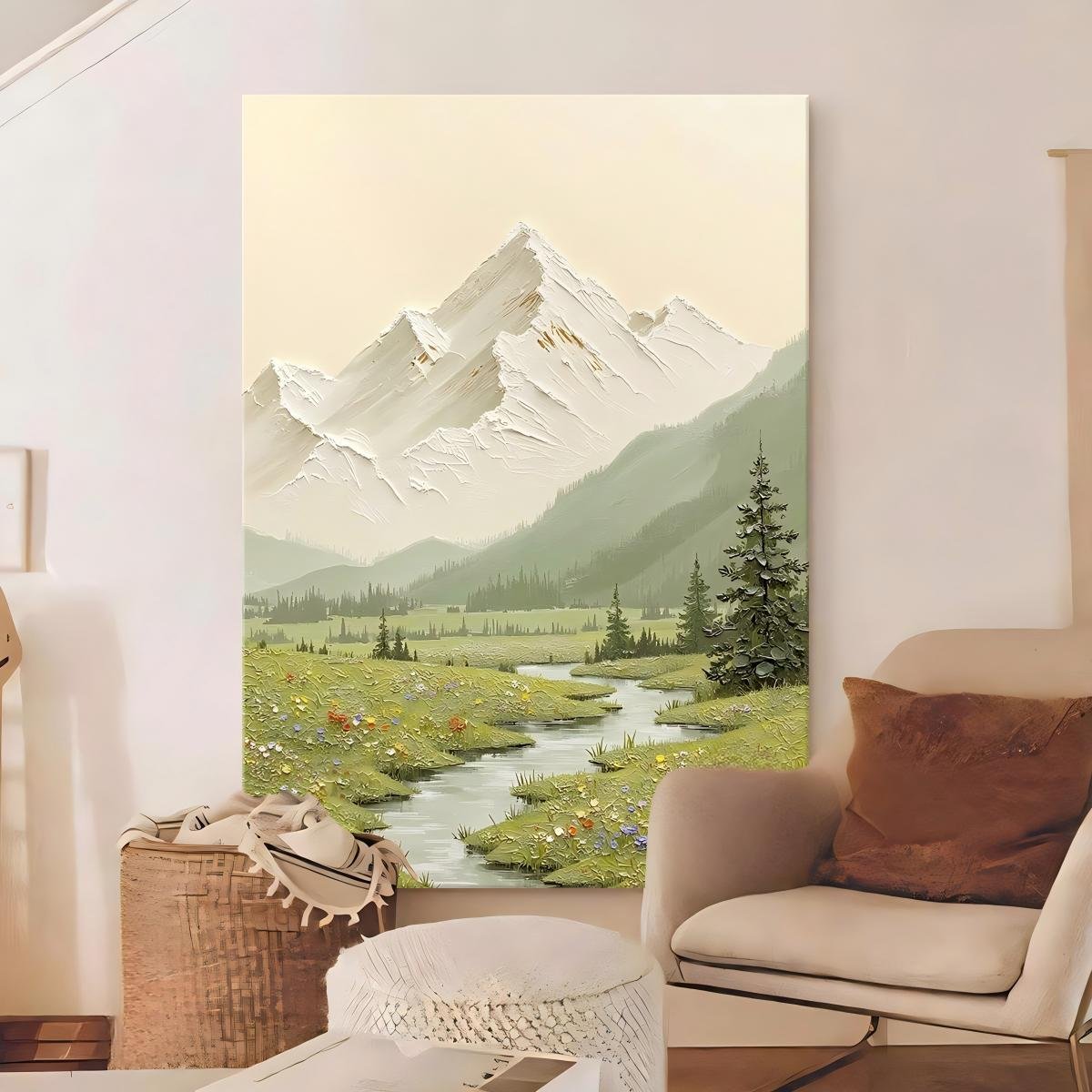 "Golden Mountain at Sunrise" hand-painted oil painting with textured finish; direct-from-factory; "Cream-style" decor suitable for entryways, living rooms, and hallways. - Image 4