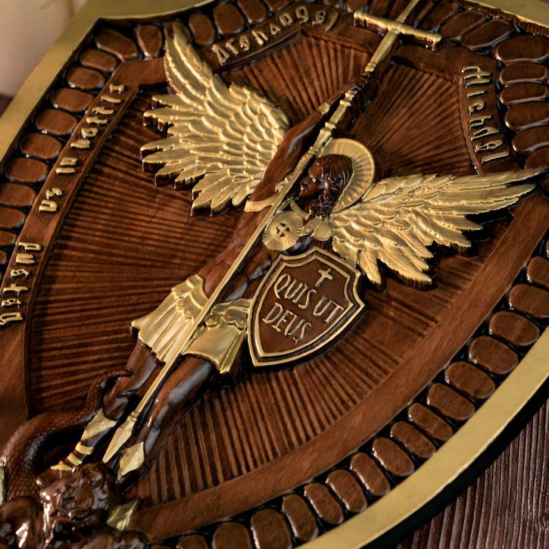 Archangel Michael Dragon Slaying Wooden Shield Plaque Christian Home Office Wall Decor - Image 4