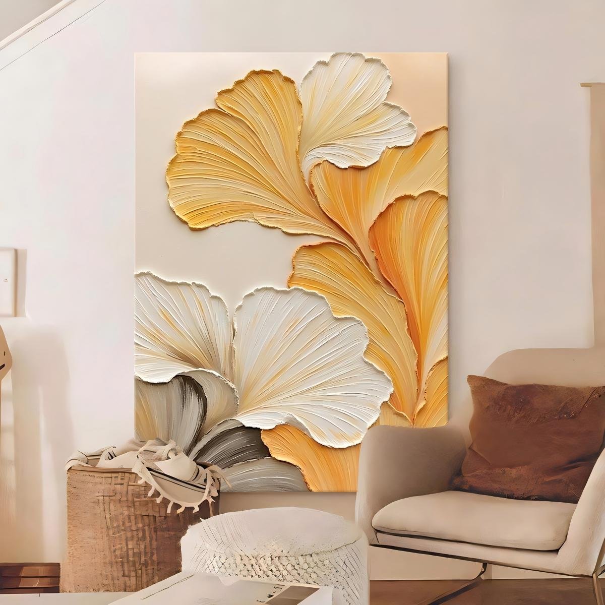 100% Handmade Heavy Palette Knife 3D Embossed Warm Golden Ginkgo Leaf Oil Painting, Vertical Luxury Warm Yellow Gradient Ginkgo Wall Decor For Entryway & Living Room Symbolizing Wealth - Image 4