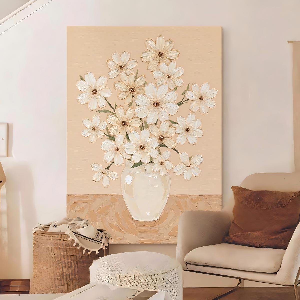 100% Handmade Heavy Palette Knife 3D Embossed Cream White Daisy Vase Floral Oil Painting, Vertical Elegant White Flower Healing Wall Decor For Bedroom Entryway With Warm Apricot Background - Image 4