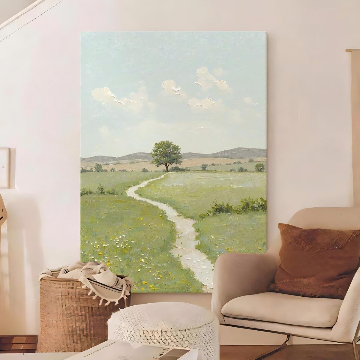 100% Handmade Heavy Palette Knife 3D Texture Lone Tree Country Path Wilderness Oil Painting, Vertical Healing Wall Decor With Pale Blue Sky Wildflower Meadow For Entryway & Living Room - Image 4