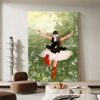 Vertical illustration painting of a girl jumping in green woods, whimsical character canvas, fresh pastoral living room wall art