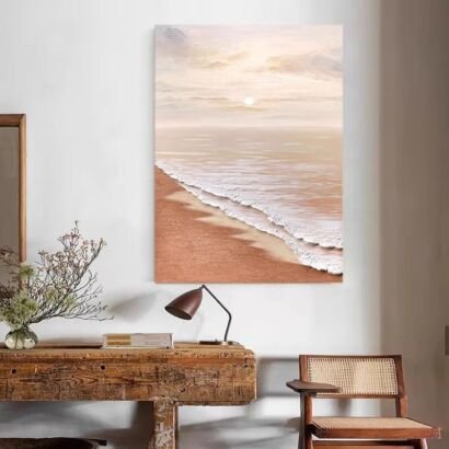 Vertical textured beach sunrise painting, neutral tone coastal thick impasto canvas, wabi-sabi seaside wall decor