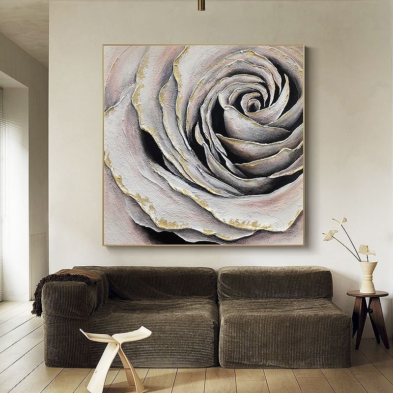 Golden Edge Blossom: 100% Hand-Painted Macro Rose Textured Canvas Wall Art - Image 5