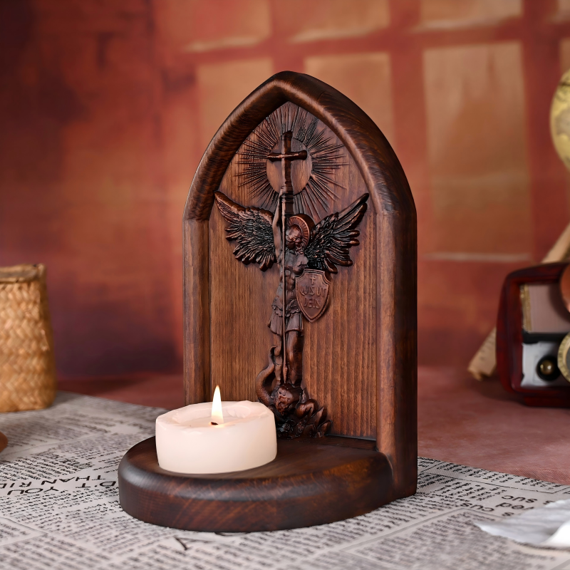 Handcrafted Wooden St. Michael Archangel Altar Shrine - Candle Holder & Devotional Decor - Image 5