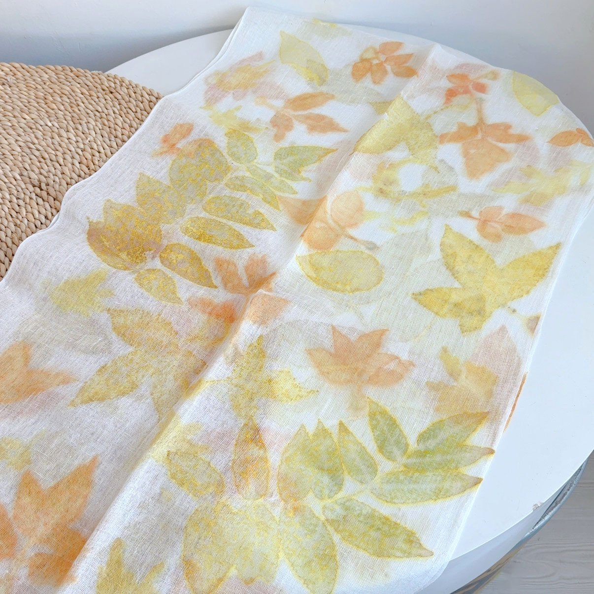 Botanical Whisper: 100% Eco-Printed Artisan Linen-Silk Fringed Scarf - Image 5
