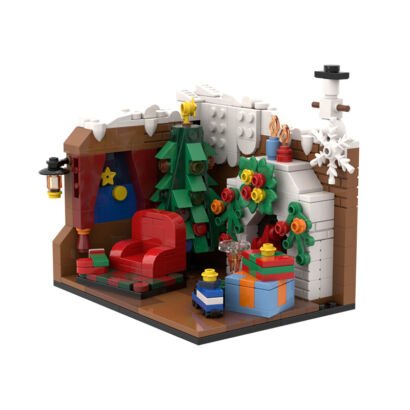 A detailed LEGO-style building block diorama model of a cozy winter living room featuring a red armchair, a decorated green Christmas tree, a white stone fireplace with gifts, snow-covered walls, and festive holiday decorations isolated on a white background.
