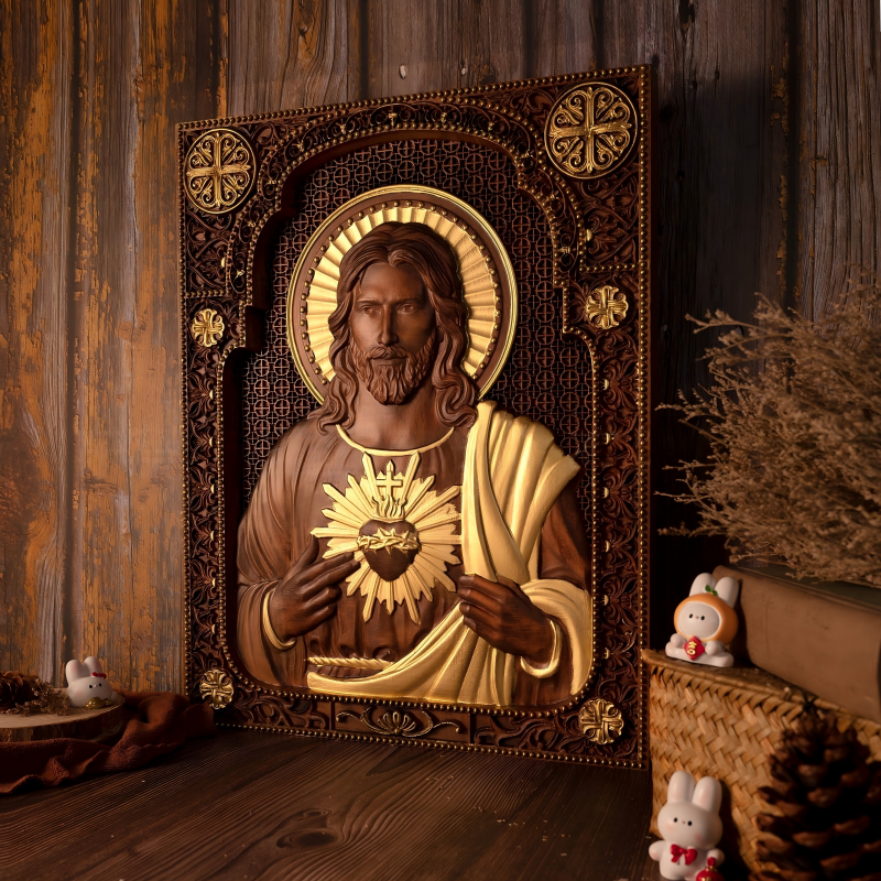 Handcrafted Sacred Heart of Jesus Wooden Relief Icon Plaque - Byzantine Catholic Wall Art - Image 5
