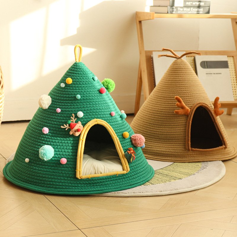 Hand-Woven Cotton Rope Christmas Tree Cat Cave Bed - Image 4