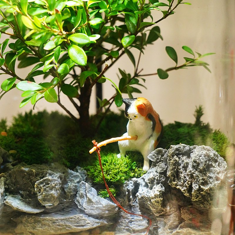 Fishing Cat & Old Fisherman Themed Moss Micro Landscape Terrarium - Image 2
