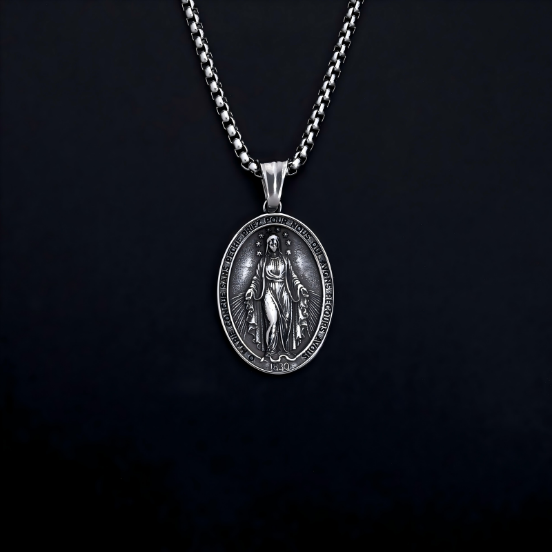 Vintage Miraculous Medal Sterling Silver Necklace, Catholic Religious Protection Jewelry - Image 3
