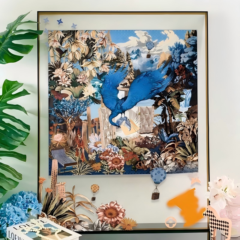 Surreal Botanical Silk Scarf Framed Wall Art, 3D Acrylic Shadow Box Luxury Wall Decor - Image 5