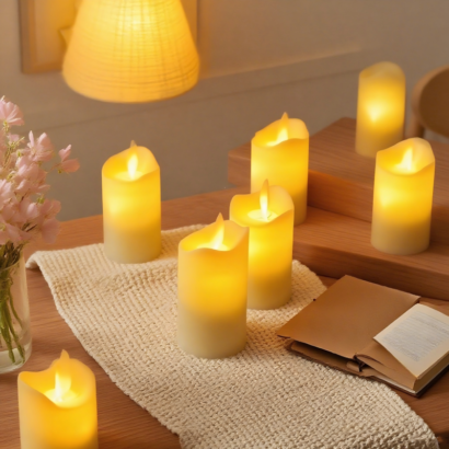A cozy wooden tabletop scene featuring a collection of ivory battery-operated flameless LED pillar candles with wavy edges and warm flickering yellow flames arranged on a textured woven runner next to an open book.