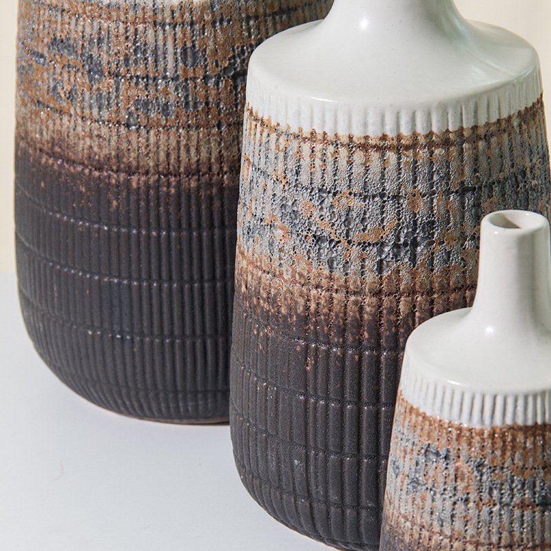 Tri-Tone Reactive Glaze Ribbed Ceramic Vase Set - Image 4