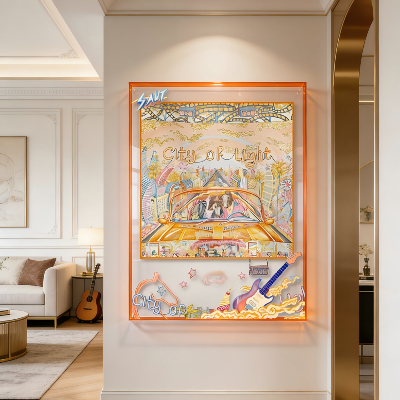 City of Light Retro Pop Silk Scarf Wall Art, 3D Acrylic Shadow Box Rock & Roll Decor - Image 5
